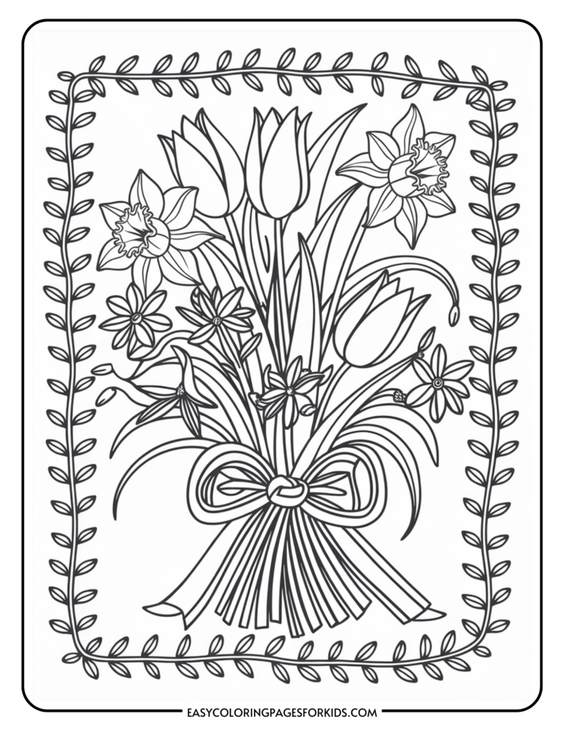 A black and white coloring page featuring a bouquet of flowers including tulips and daffodils, tied together with a ribbon. The bouquet is framed with a leaf pattern border.