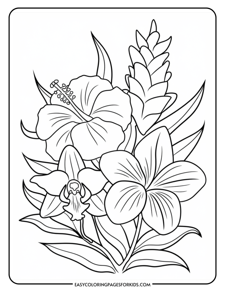 Black and white coloring page featuring a hibiscus flower, an orchid, and a ginger flower with leaves.