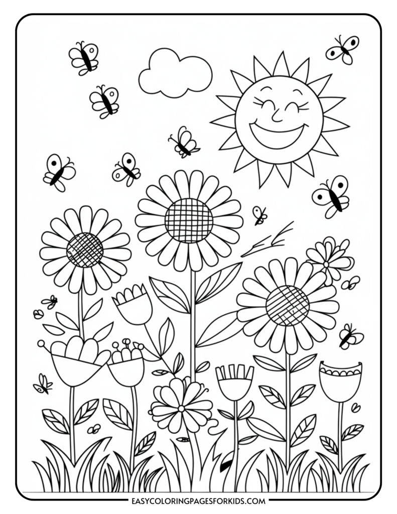 A coloring page featuring smiling sun, flowers, butterflies, and a cloud.