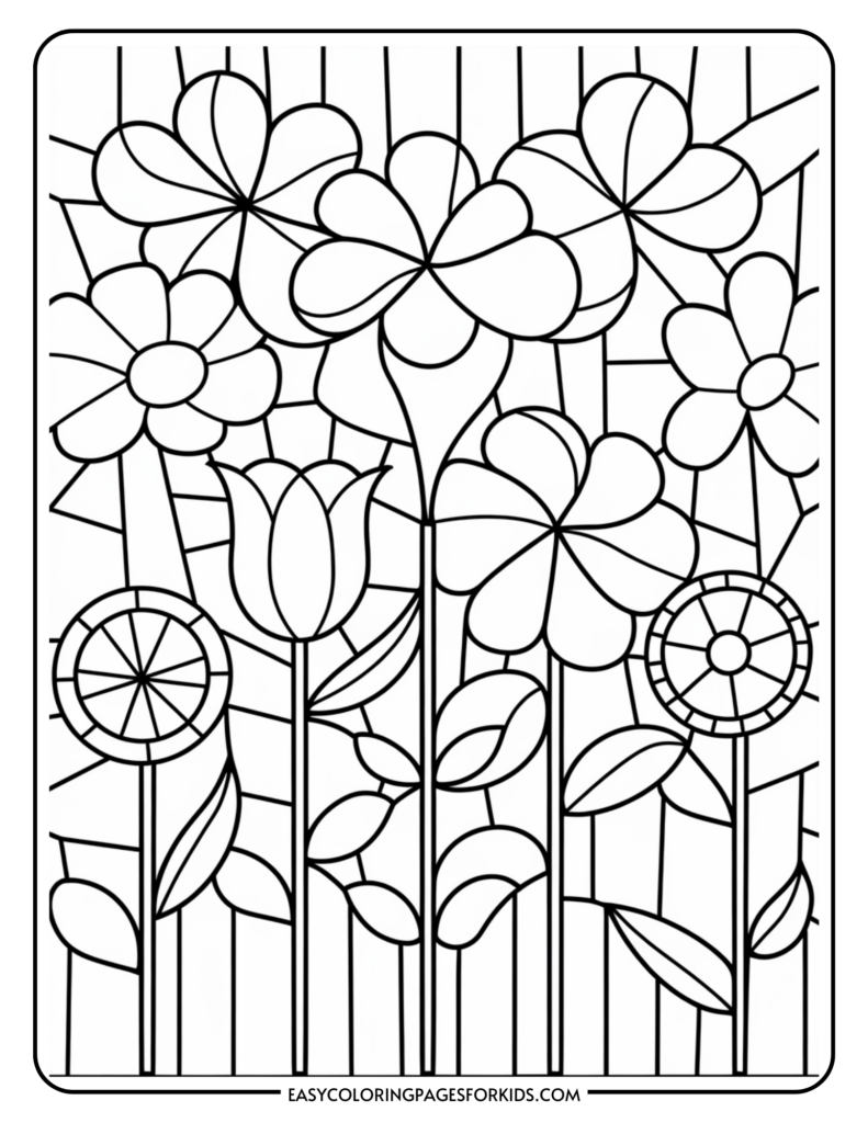 A black and white floral coloring page featuring various flowers with different petal shapes and leaves, set against a striped background.