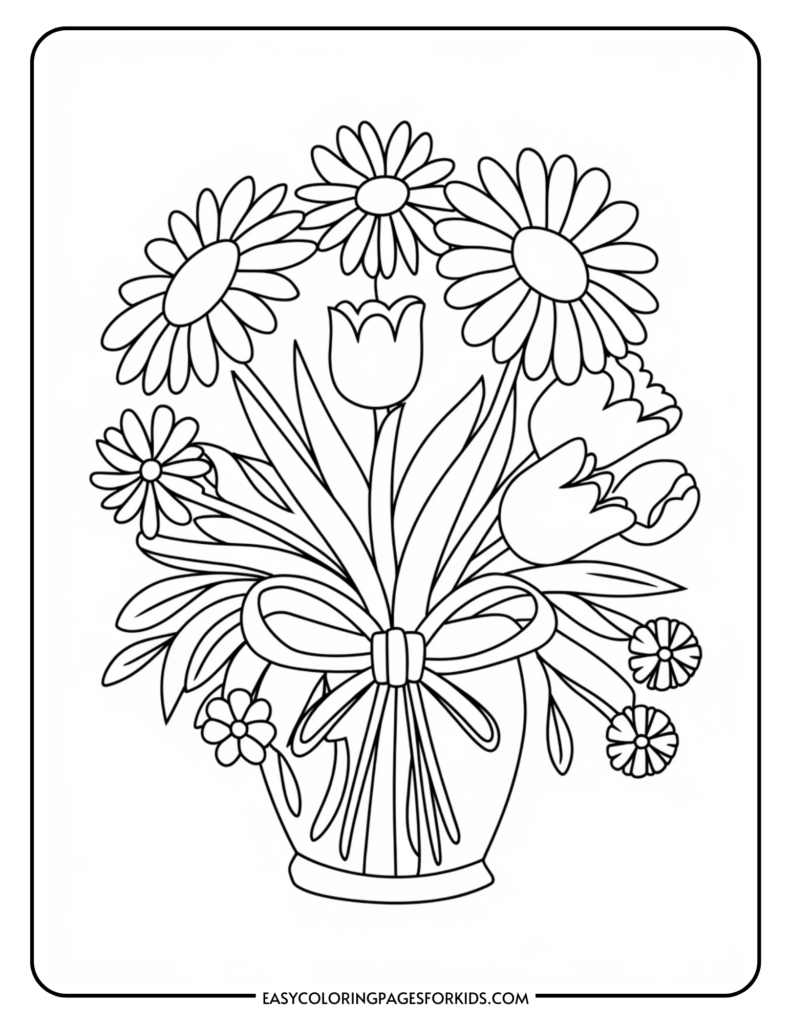 Black and white coloring page featuring a bouquet of flowers in a vase with a ribbon, including daisies and tulips.