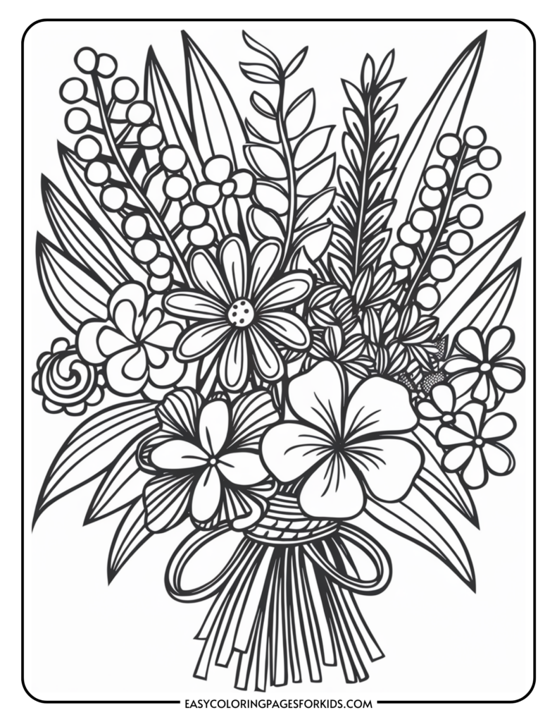 A coloring page featuring a detailed bouquet of various flowers and leaves, including large blossoms and circular clusters, arranged artistically with a ribbon tied at the stems.