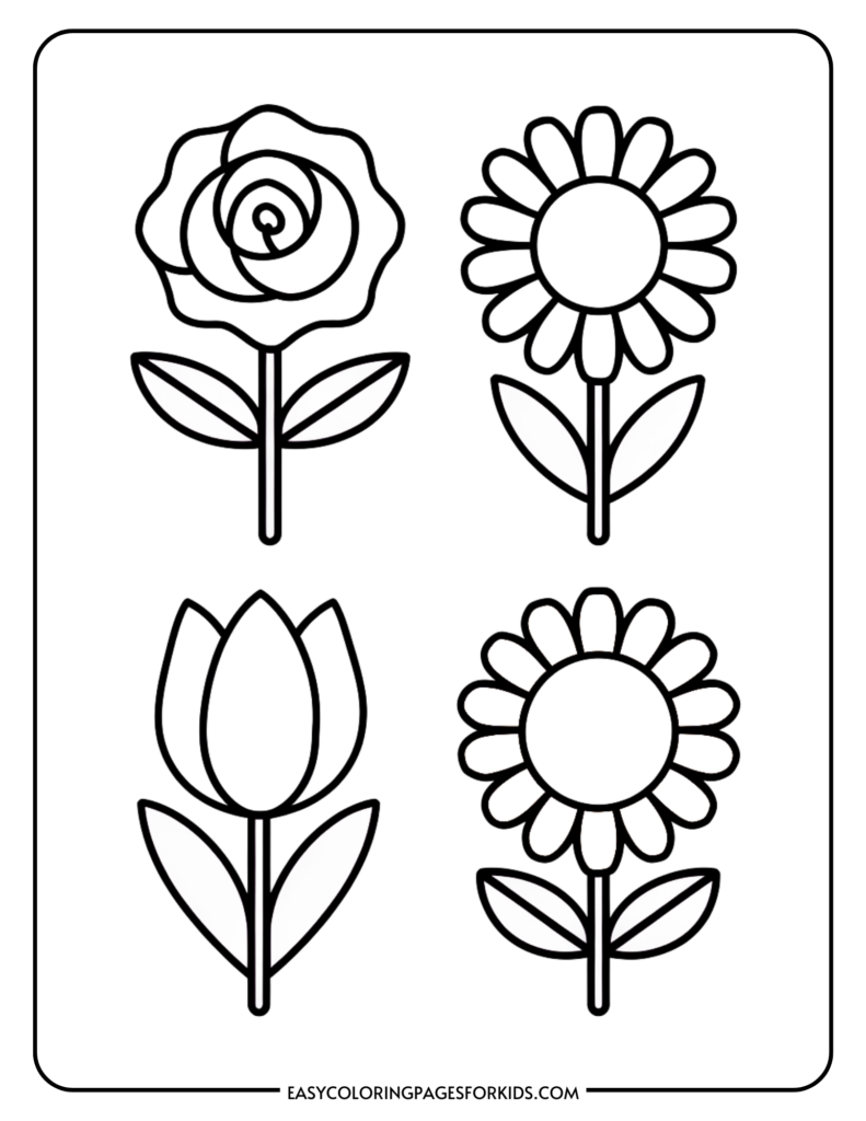 A coloring page with outlines of four different flowers: a rose, a daisy, a tulip, and another daisy, each with stems and leaves.