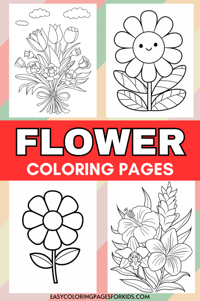 A selection of flower coloring pages featuring various floral designs, including a bouquet of tulips, a smiling daisy, and detailed hibiscus and orchid flowers, with a title reading "Flower Coloring Pages."