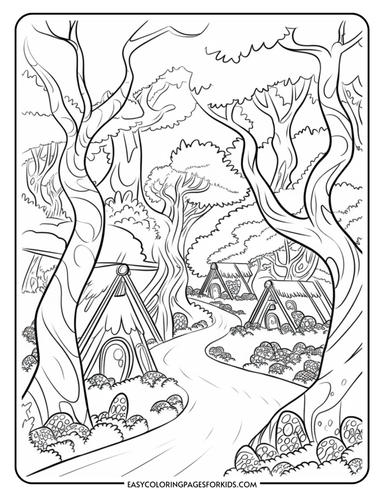 A coloring page depicting a whimsical forest scene with tall, curvy trees and several triangular huts along a winding path, surrounded by bushes and foliage.