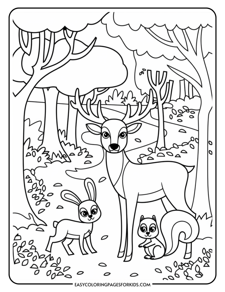 A coloring page featuring a deer, a rabbit, and a squirrel in a forest setting with trees and leaves on the ground.