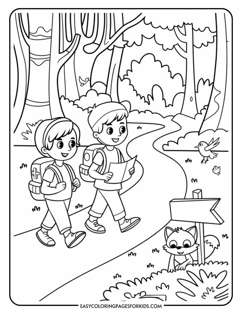 Two children with backpacks are happily hiking along a forest path, one holding a map, with trees, a bird, a signpost, and a small fox peeking from behind a bush.