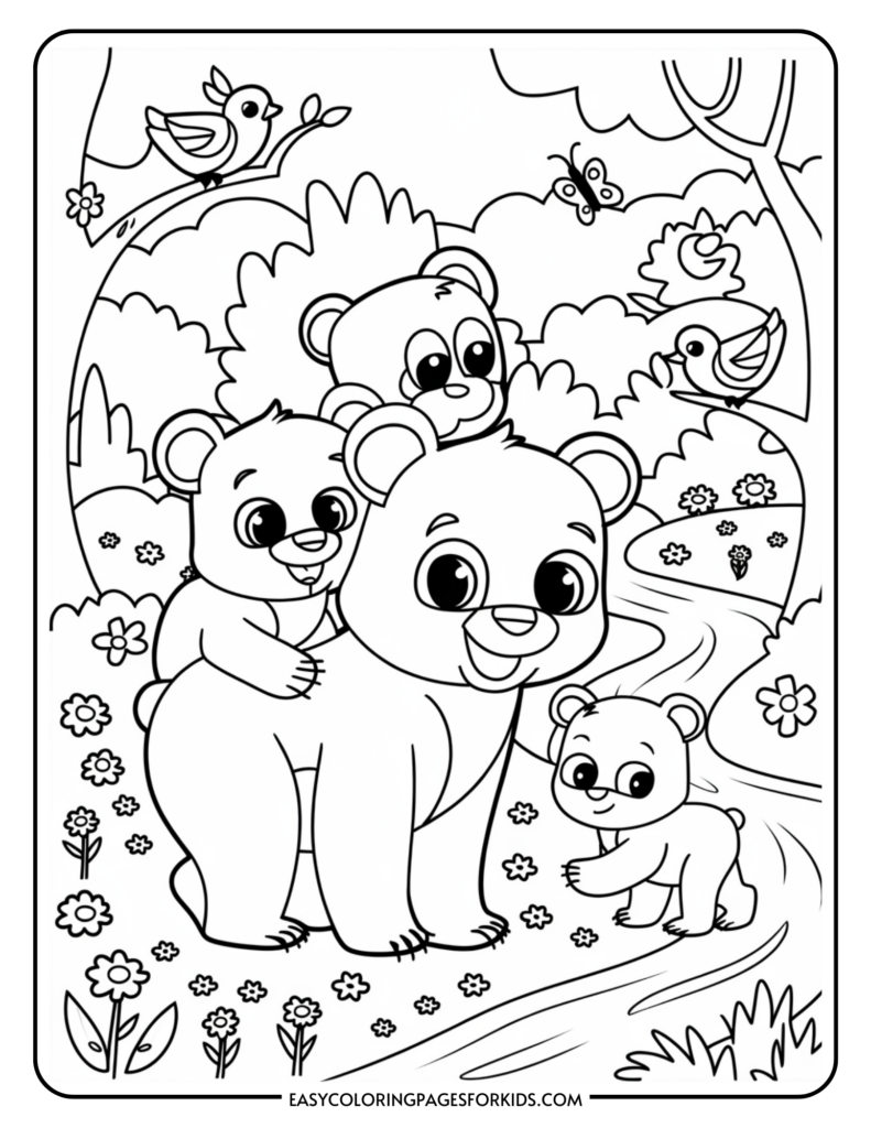 A coloring page featuring a smiling mother bear with two cubs on her back and one cub walking beside her in a flowery forest setting; birds are perched on the tree branches above.