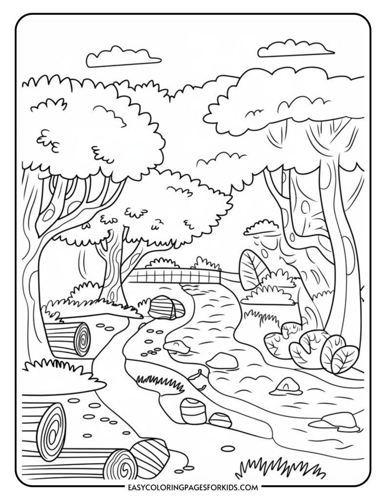 A black and white illustration of a serene woodland scene with a winding stream, surrounded by trees, logs, and bushes, with a small bridge in the background under a cloudy sky.