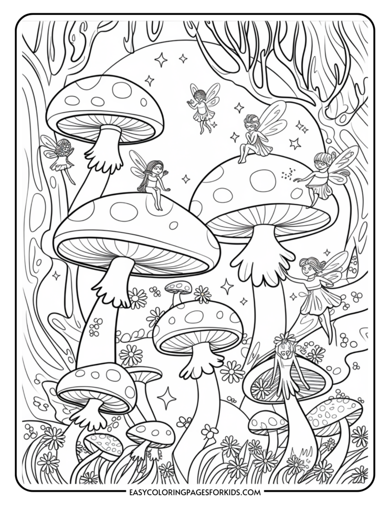 Black and white illustration of fairies with wings interacting with large mushrooms in a whimsical forest setting, surrounded by flowers and trees.