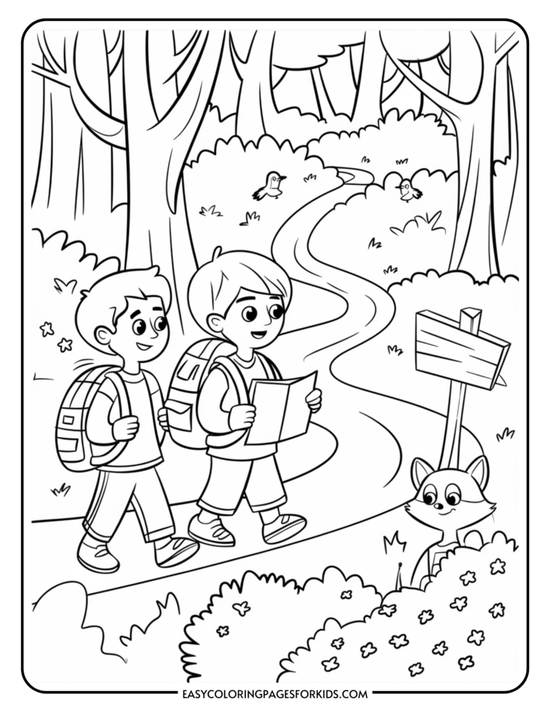 Two children with backpacks walk along a forest path, one holding a map; a raccoon peeks from behind bushes and birds are on the ground.