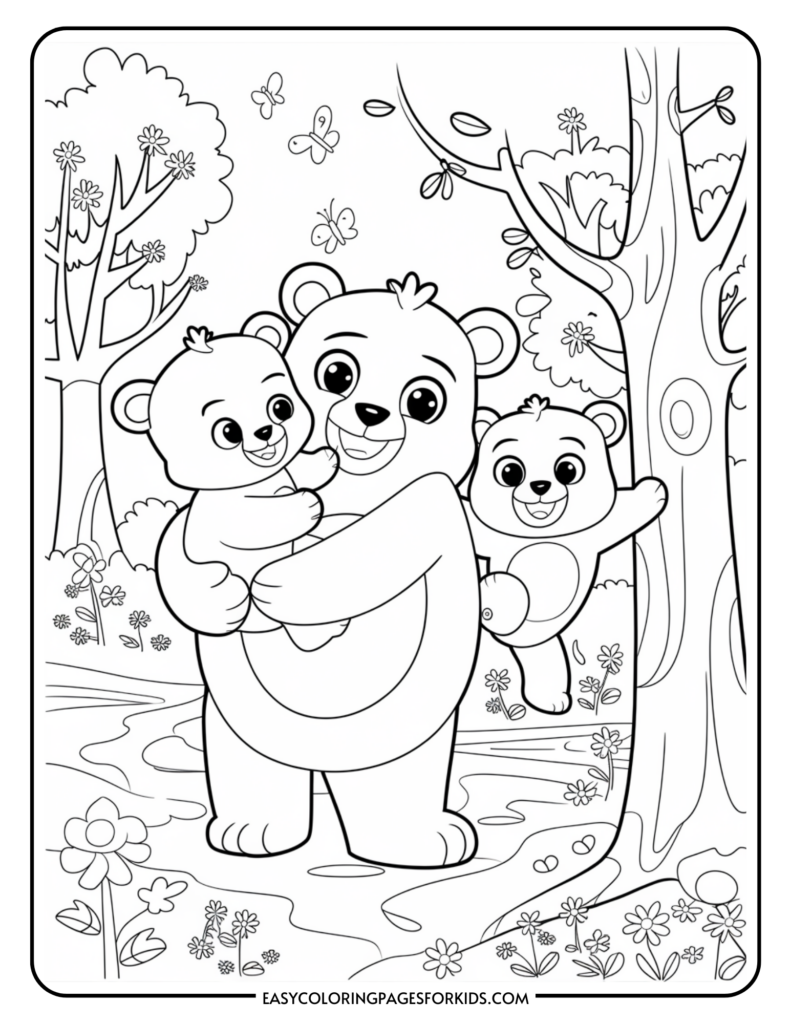 Illustration of a smiling bear family in a forest setting, with a parent bear holding two bear cubs, surrounded by trees, flowers, and butterflies.