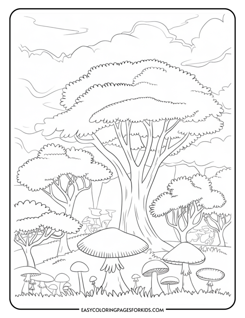 A black and white coloring page depicting a large tree surrounded by various smaller trees and mushrooms in a forest setting under a partly cloudy sky.