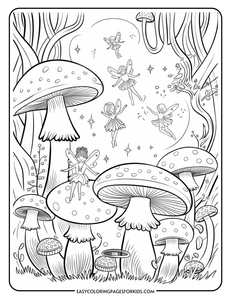 A black and white coloring page featuring fairies dancing around large mushrooms in a whimsical forest setting. The scene includes trees in the background and stars scattered in the air.