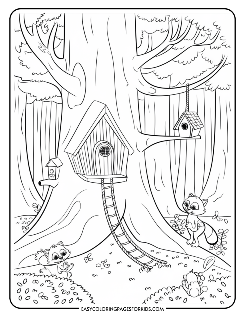 Cartoon illustration of a tree with a treehouse, birdhouses, and two raccoons in a forest setting.