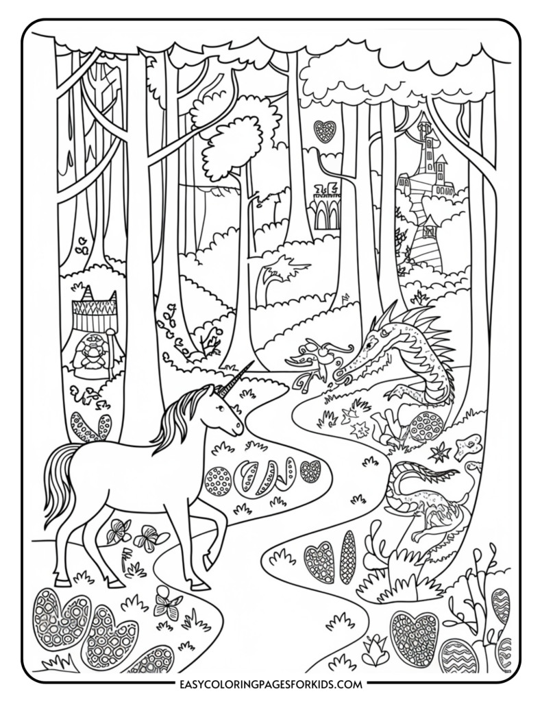 A coloring page featuring a unicorn walking along a winding path through a forest filled with trees and bushes. In the background, two dragons are visible near a castle on a hill. Various decorative elements and patterns are scattered throughout the scene.