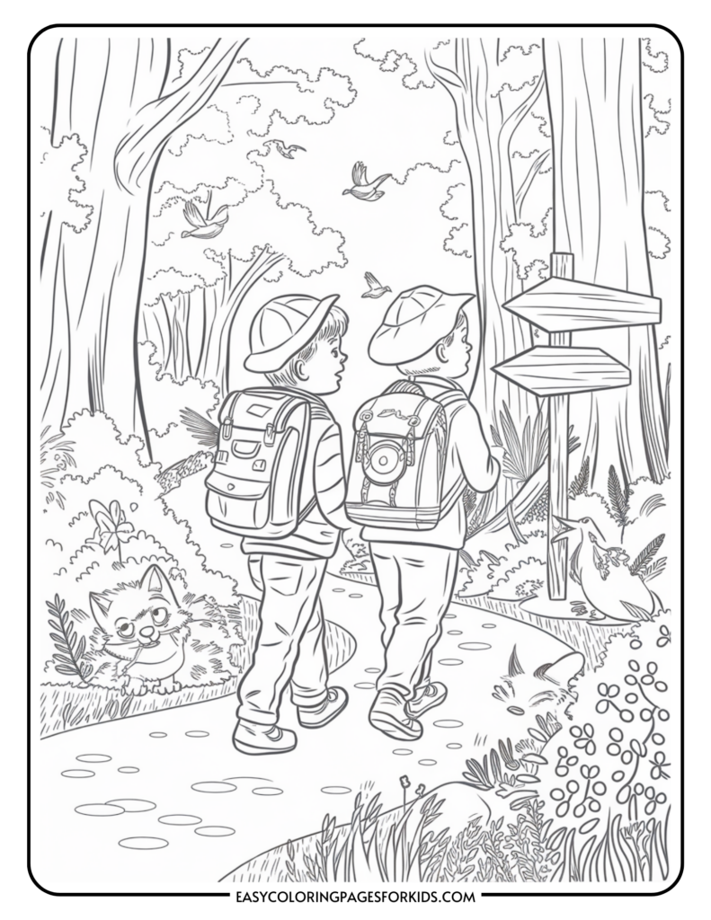 Two children wearing backpacks and hats are walking along a forest path, passing a signpost with arrows. Birds fly overhead, and a cat peeks from behind bushes near trees in the background.