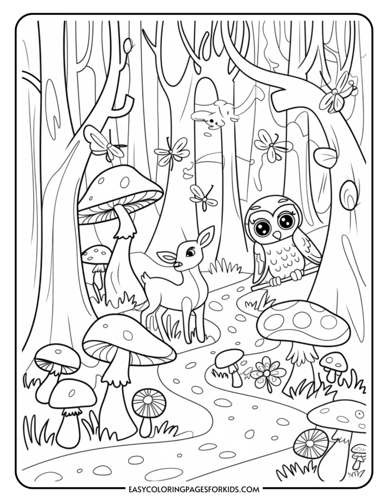 A coloring page featuring a whimsical forest scene with a fawn, an owl, and several large mushrooms. The background is filled with leafy trees, flowers, and dragonflies flying around.