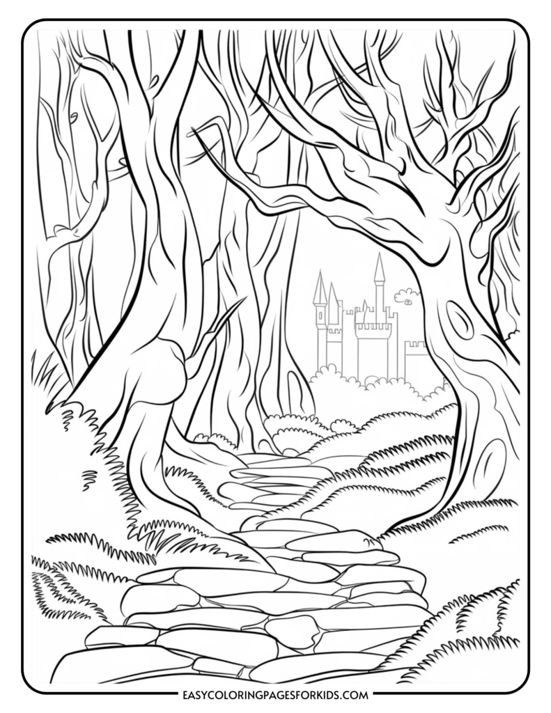 Black-and-white illustration of a forest path winding through twisted, leafless trees, with a castle visible in the distance.