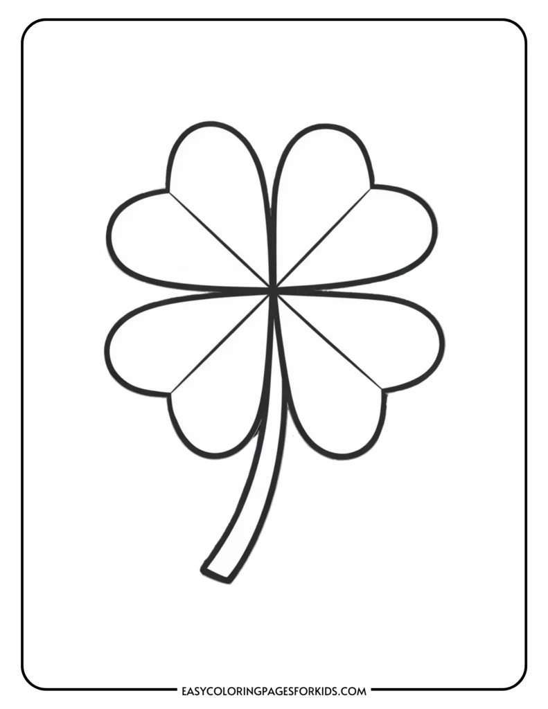 Black and white illustration of a four-leaf clover with heart-shaped leaves, suitable for coloring.