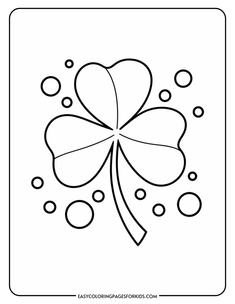 A coloring page featuring an outlined four-leaf clover surrounded by various sized circles.