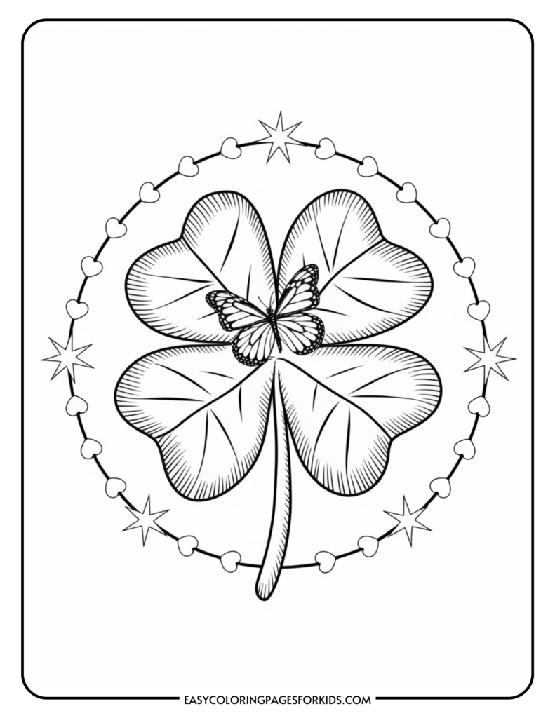 A coloring page featuring a four-leaf clover with a butterfly in the center, surrounded by a circle of stars and hearts.