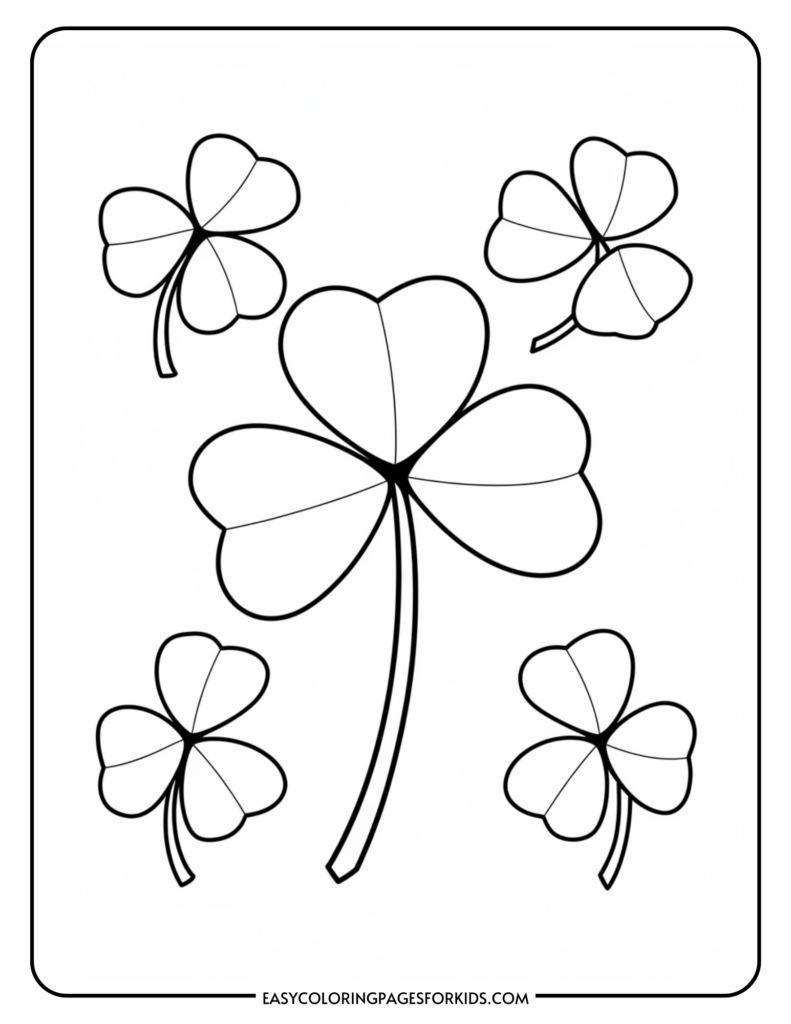 Black and white coloring page featuring five clovers with three heart-shaped leaves each, suitable for kids to color.