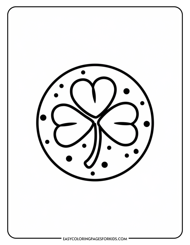 Illustration of a shamrock with three heart-shaped leaves inside a circle, surrounded by small dots, on a blank background.