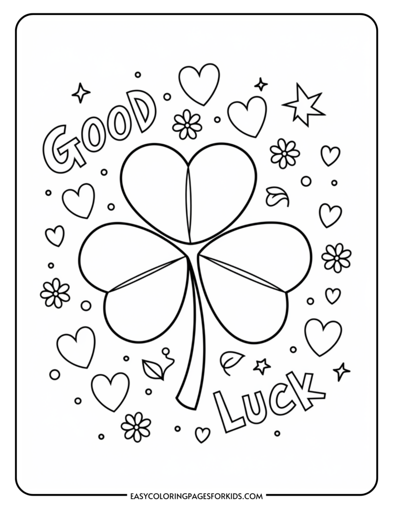 A coloring page featuring a four-leaf clover surrounded by hearts, stars, and flowers with the words "GOOD LUCK" written above and below.