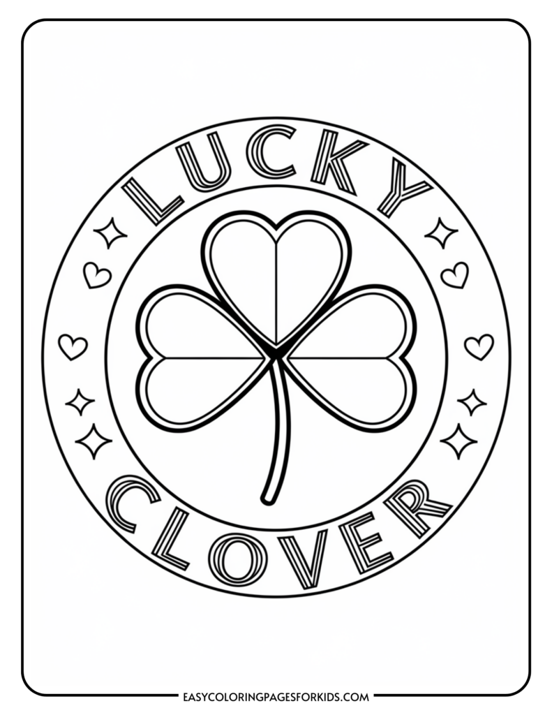 A coloring page featuring a large heart-shaped three-leaf clover in the center, surrounded by the words "Lucky Clover" in bold letters. The circle also has small heart and star shapes decorating the space around the clover.