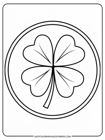 Black and white line drawing of a four-leaf clover encircled by a thin border.