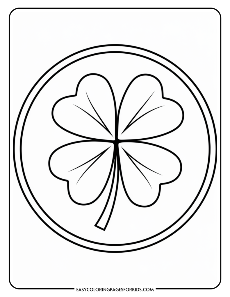 Black and white line drawing of a four-leaf clover encircled by a thin border.