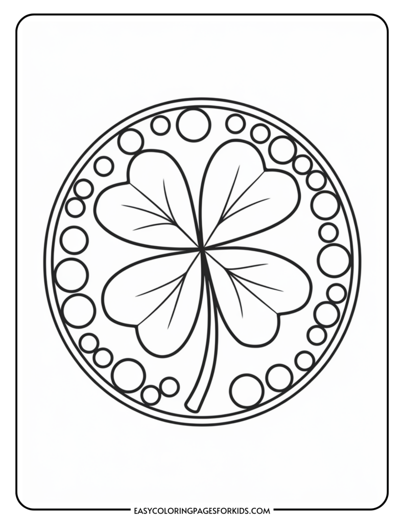 Black and white coloring page featuring a four-leaf clover inside a circular frame with a decorative border of various-sized circles.