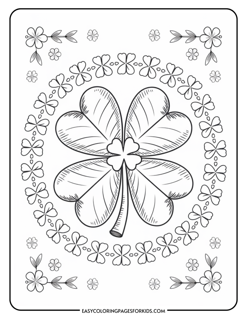 Coloring page featuring a large four-leaf clover in the center, surrounded by a circular pattern of small clovers and flowers.