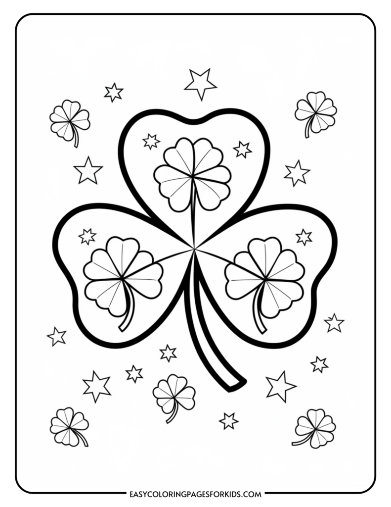 A coloring page depicting a large three-leaf clover with each leaf featuring smaller clovers inside. Surrounding the main clover are several small stars and clovers.