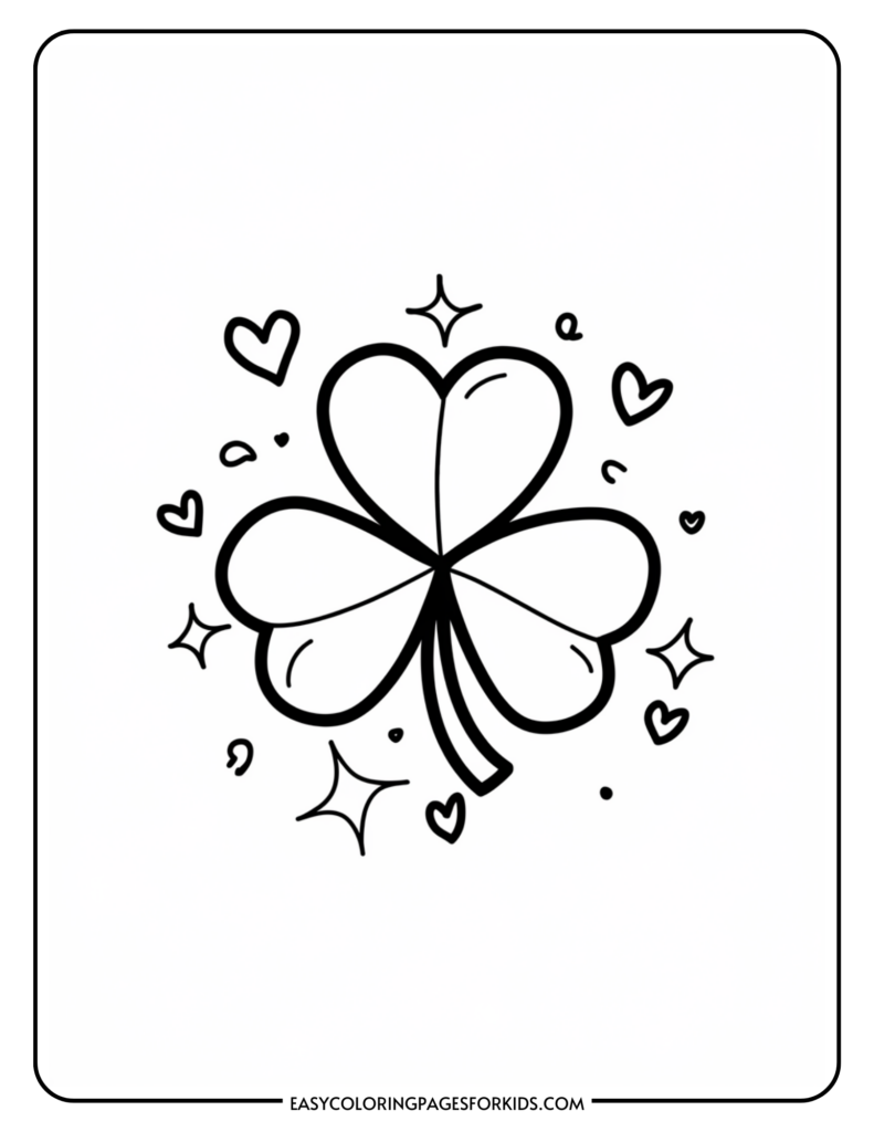 Illustration of a four-leaf clover with small hearts and sparkles surrounding it.