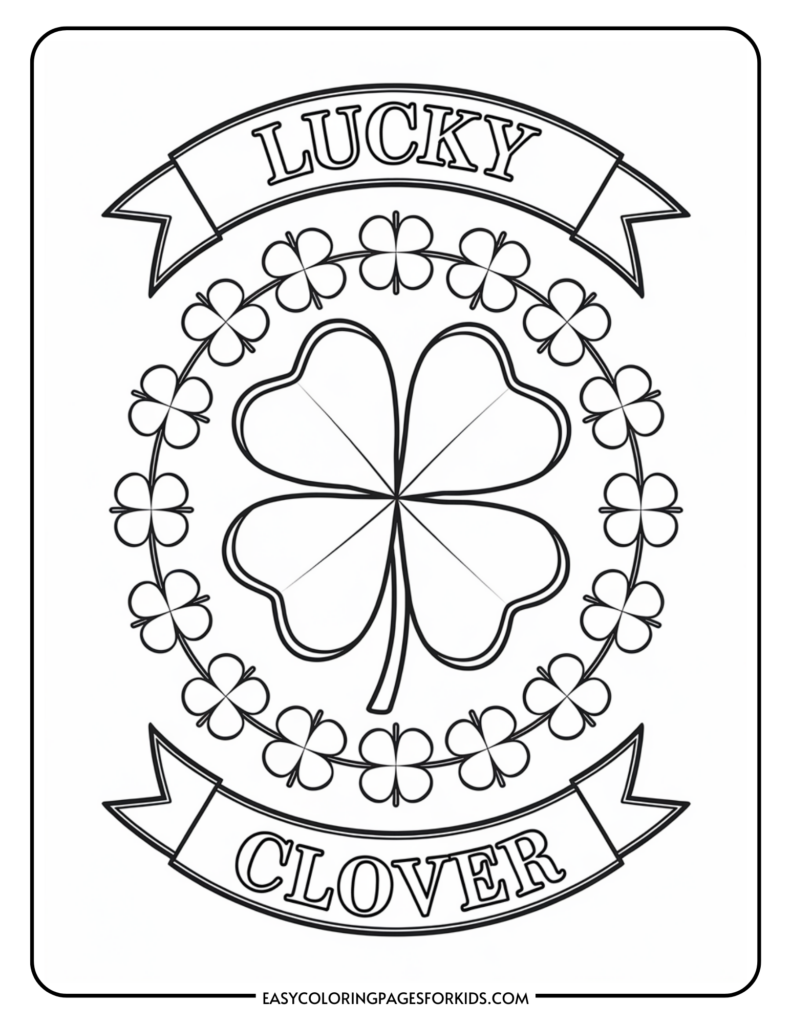 A coloring page featuring a four-leaf clover in the center, surrounded by a circle of smaller clovers. There are banners above and below with the words 'Lucky Clover.'