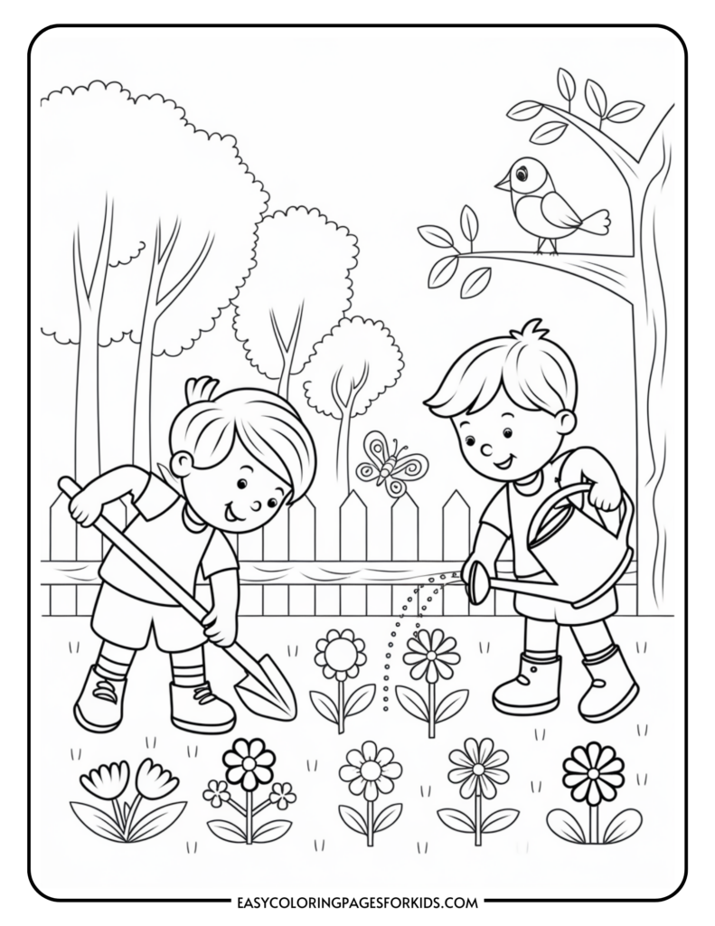 A coloring page depicting two children gardening; one is using a shovel to dig, and the other is watering flowers. In the background, there are trees, a fence, a butterfly, and a bird perched on a tree branch.