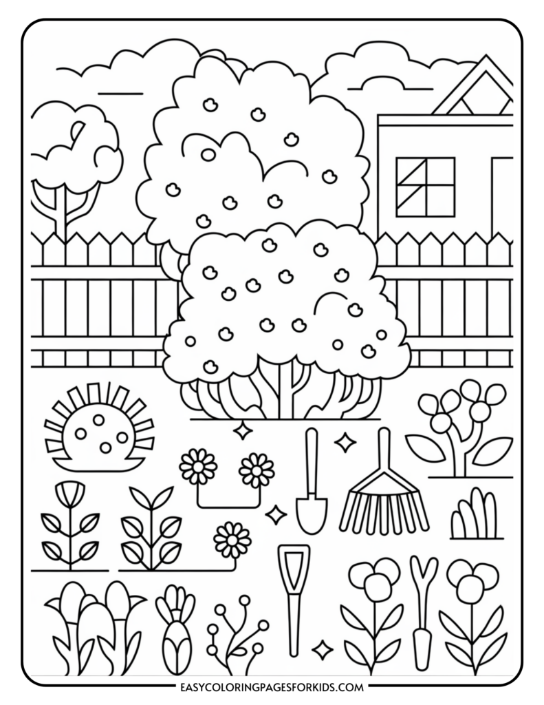 A garden-themed coloring page with trees, bushes, flowers, gardening tools, and a house with a fence in the background.