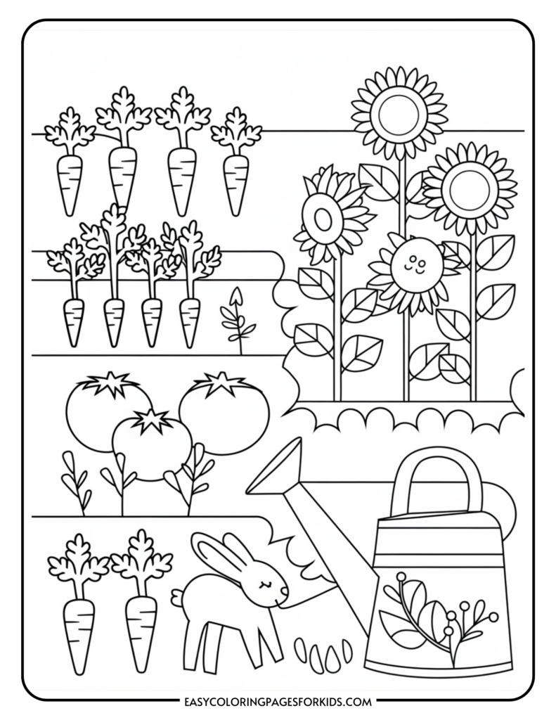 A coloring page featuring a garden scene with sunflowers, carrots, tomatoes, a rabbit, and a watering can.