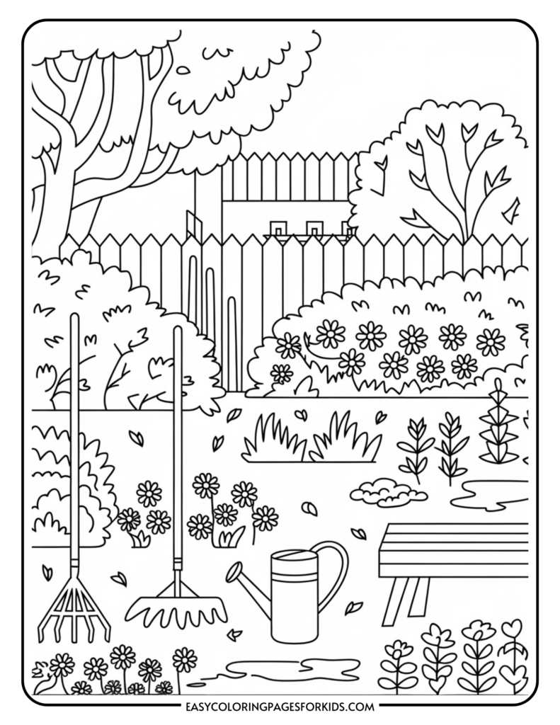 Illustration of a garden scene with various plants and flowers, two rakes, a watering can, and a bench, set in front of a picket fence with trees in the background.