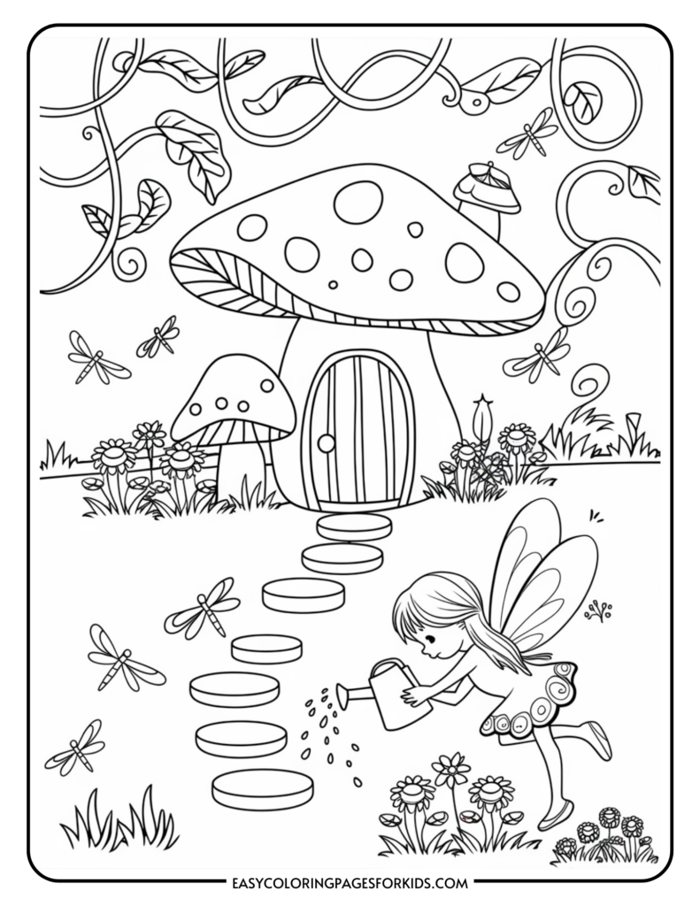 A coloring page featuring a fairy with wings watering flowers near a whimsical mushroom house. The scene includes stepping stones, flowers, leafy vines, and several dragonflies.