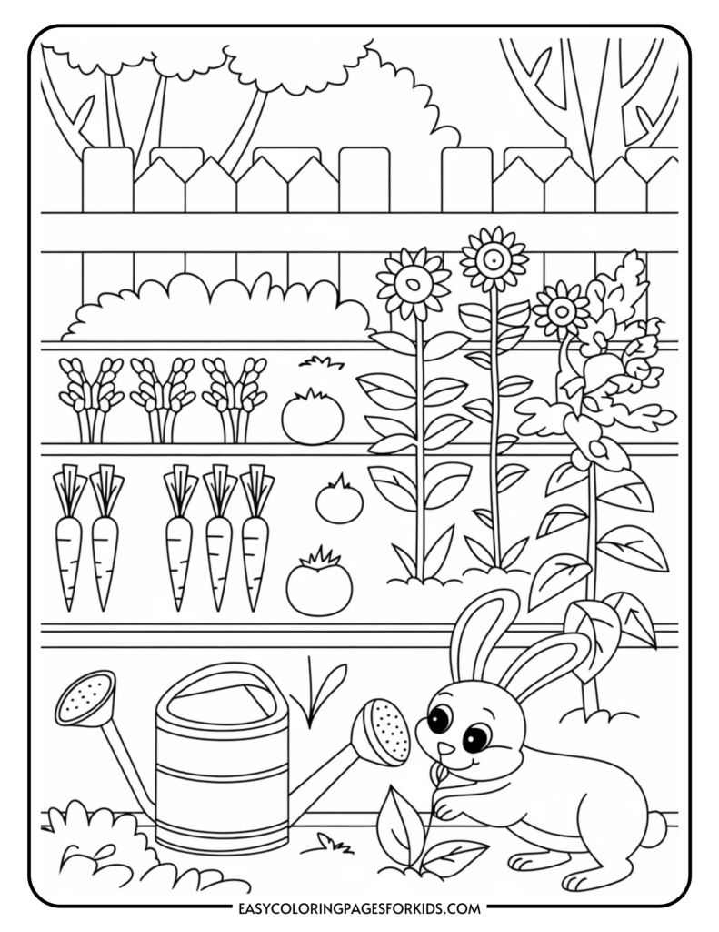 A coloring page featuring a rabbit next to a watering can in a garden setting with rows of vegetables and flowers, including carrots, tomatoes, and sunflowers, against a backdrop of a wooden fence and trees.