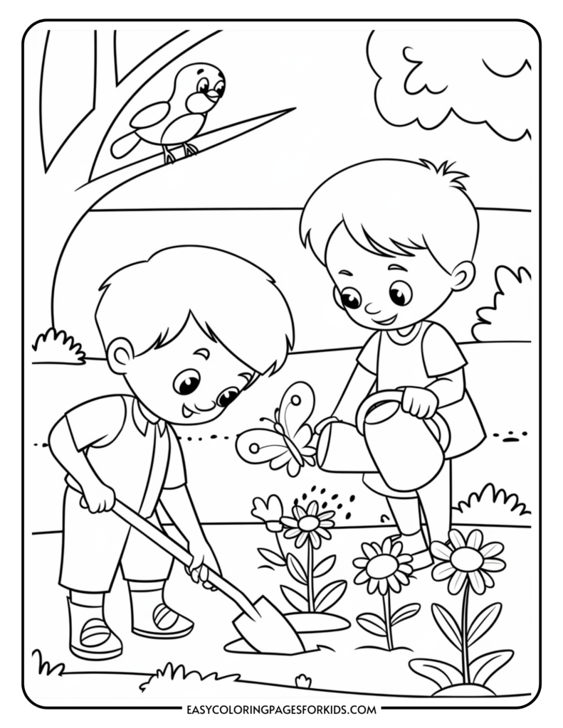 Illustration of two children gardening, one using a shovel and the other watering flowers, with a butterfly flying nearby and a bird perched on a tree branch.