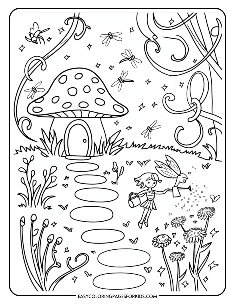 A coloring page depicting a whimsical scene with a large mushroom house, a path leading to it, and a fairy watering flowers. The background includes swirling vines, scattered stars, and flying insects.