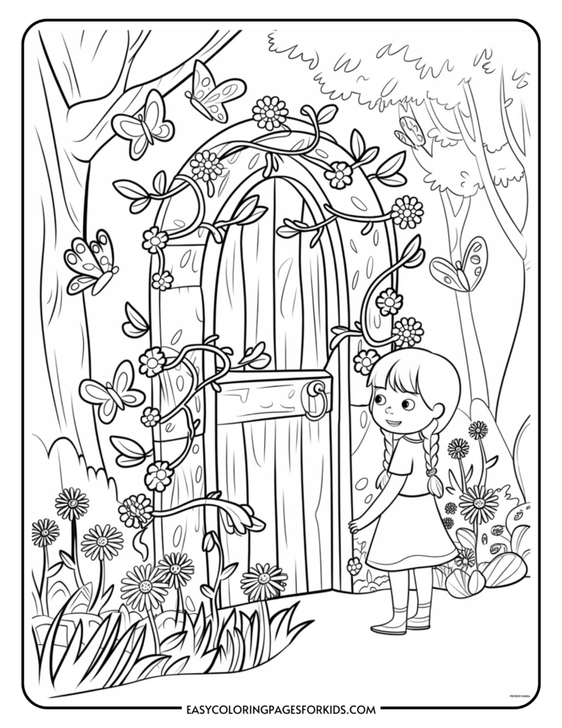 A coloring page featuring a young girl with braided hair standing near a wooden door in a garden. The door is decorated with climbing plants and flowers, and butterflies are fluttering around. The background includes trees and more flowers, creating a whimsical outdoor setting.