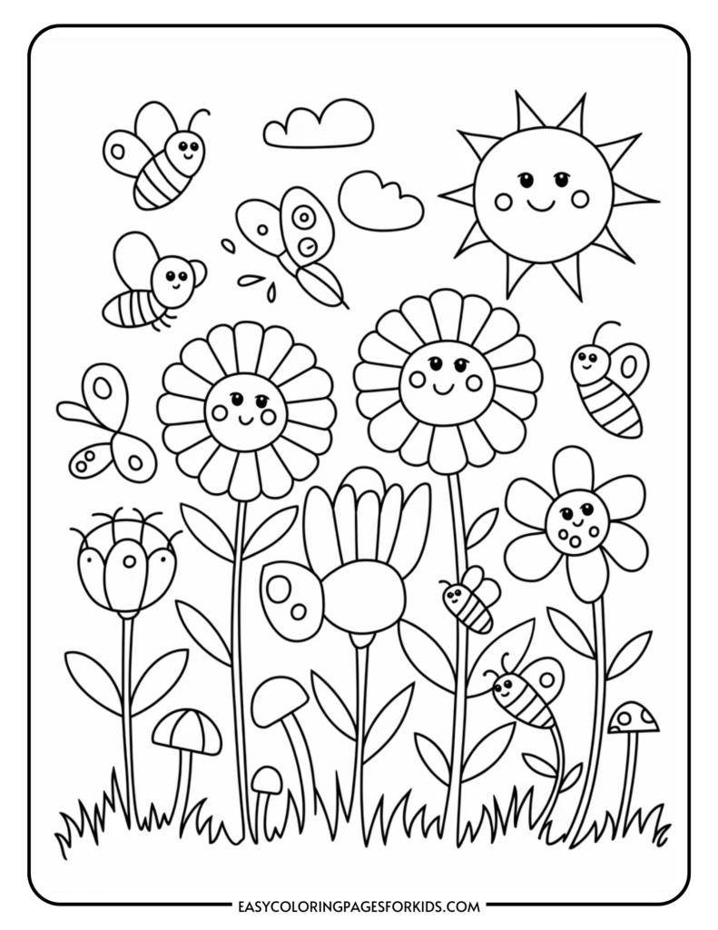 Coloring page featuring smiling flowers, bees, a butterfly, and a sun with a cheerful face in a garden scene.