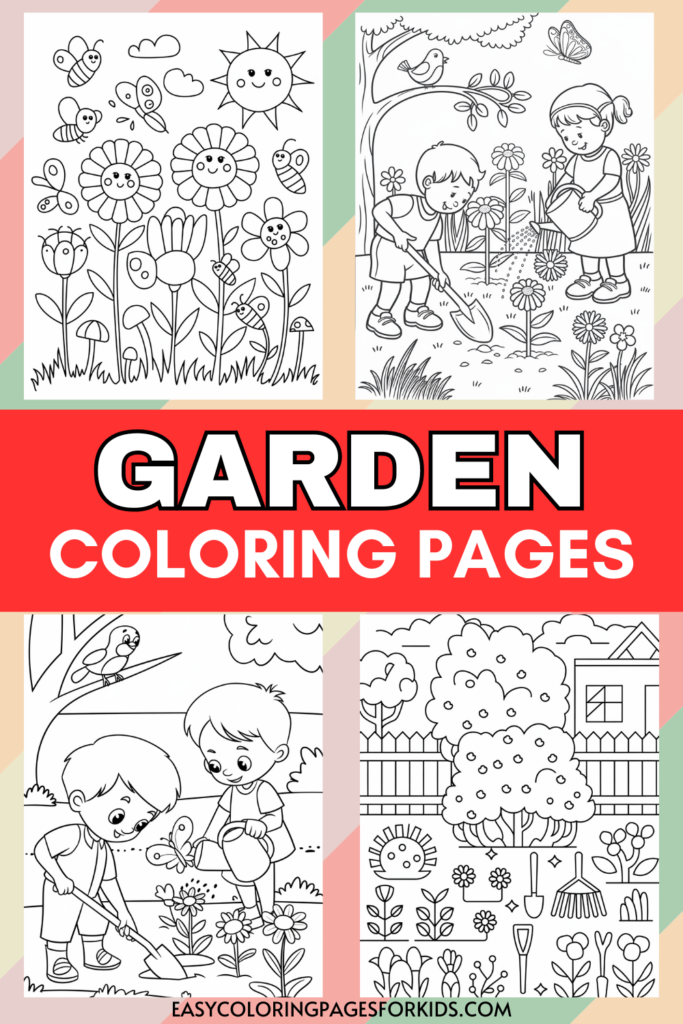 A collage of four garden-themed coloring pages for kids featuring flowers, bees, a sun, children gardening, and garden tools, with the title 'Garden Coloring Pages.'