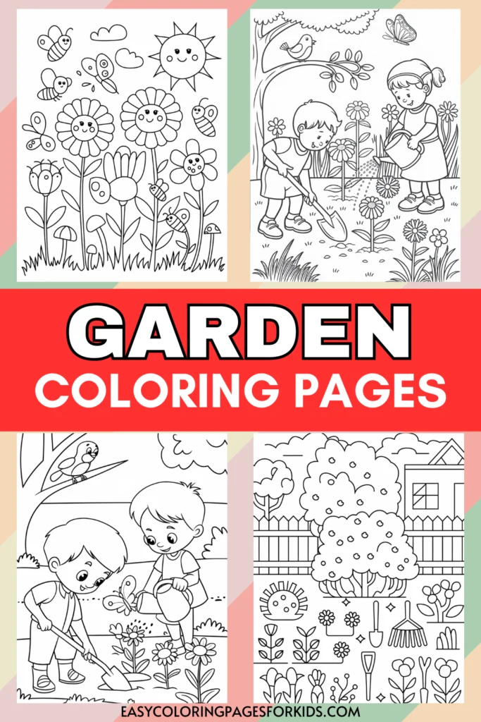 A collage of four garden-themed coloring pages for kids featuring flowers, bees, a sun, children gardening, and garden tools, with the title 'Garden Coloring Pages.'