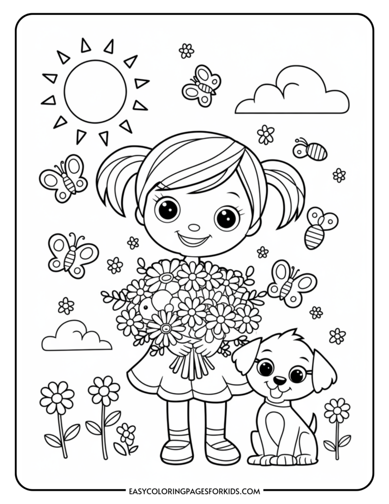 A coloring page showing a girl with pigtails holding a bouquet of flowers, surrounded by butterflies, bees, and flowers, with a sun and clouds in the background. A cute puppy sits beside her.